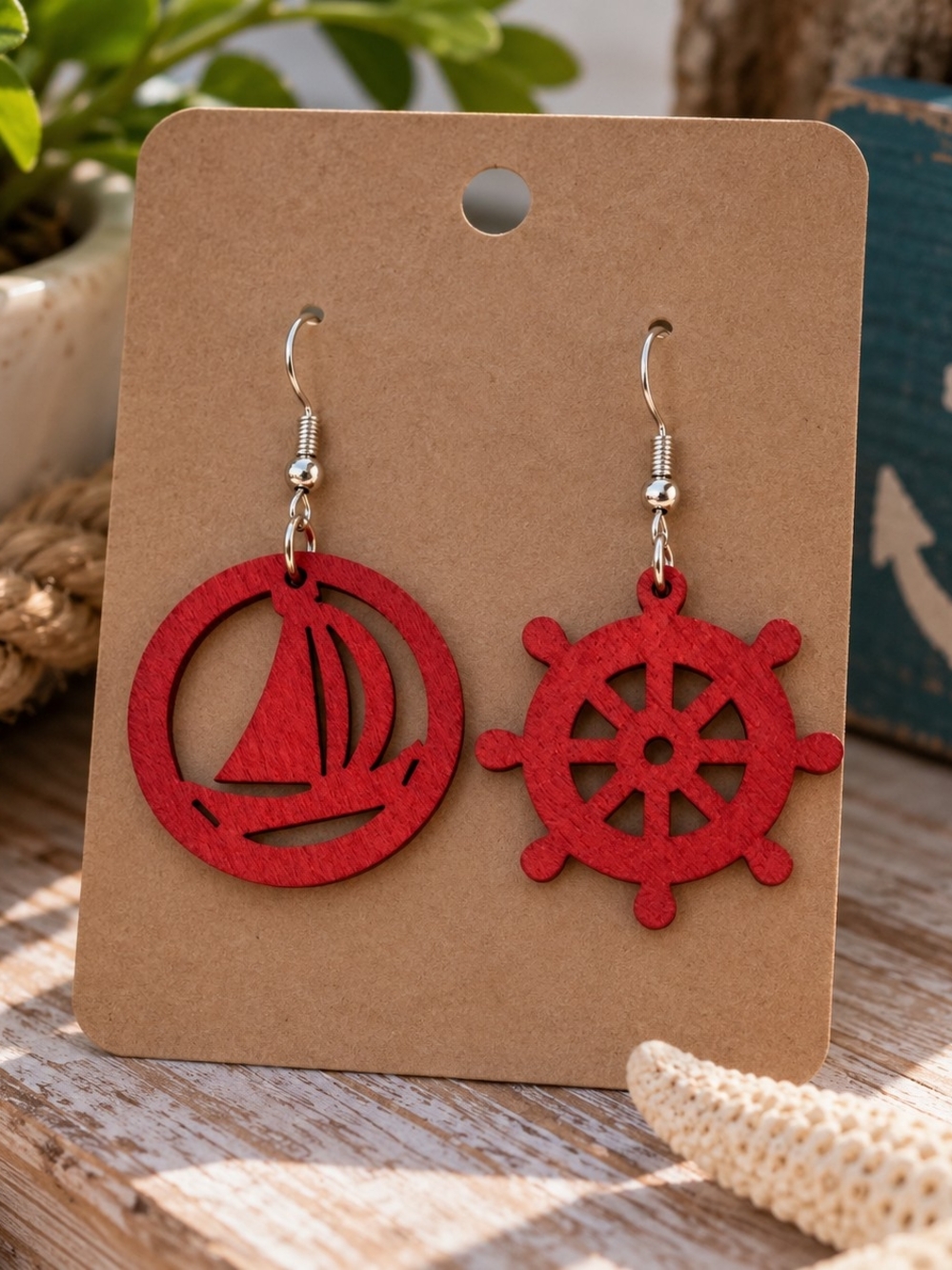 Red Nautical Mismatched Wooden Earrings New